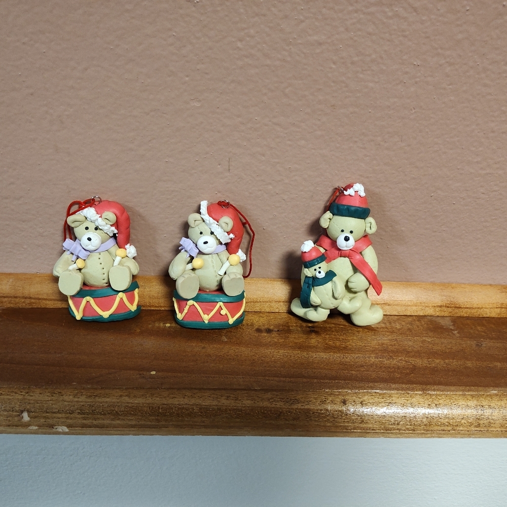 Set Of 3 Clay Teddy Bear Christmas Ornaments